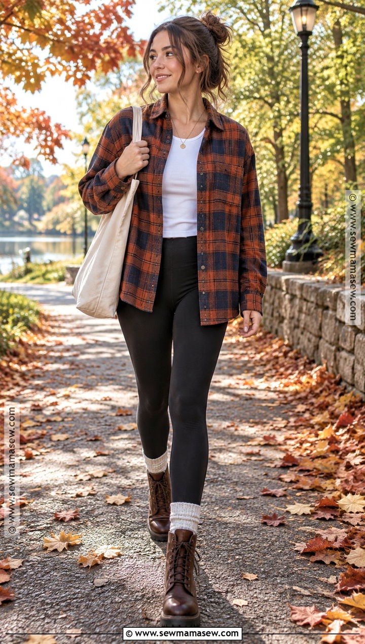 Flannel Shirt And Leggings Fall Outfit - 15 Affordable Fall Outfit Ideas