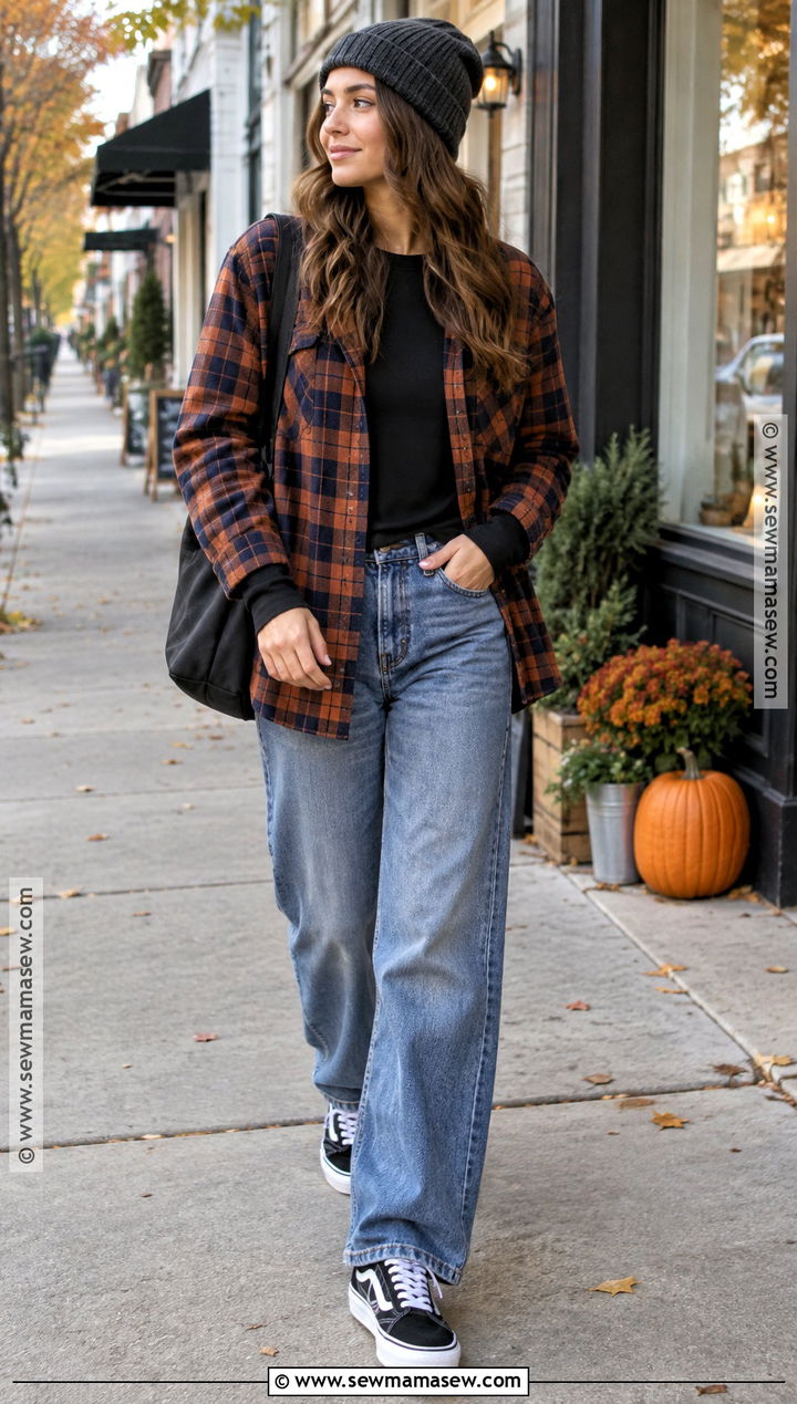 Flannel Shirt And Loose Jeans Streetwear Outfit - 20 Streetwear Fashion Women Fall Ideas