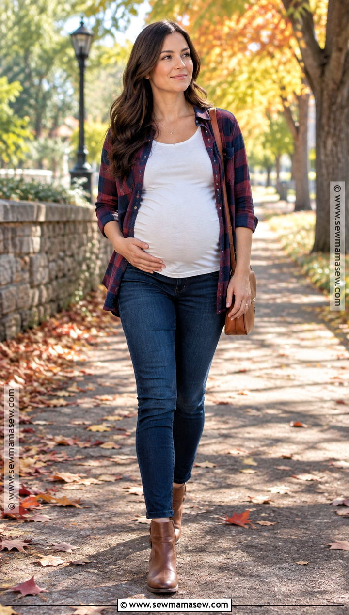 Flannel Shirt And Maternity Jeans Fall Outfit - 20 fall pregnancy outfits casual