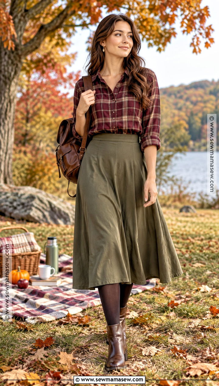 Flannel Shirt And Midi Skirt Picnic Outfit - 25 fall picnic outfit ideas