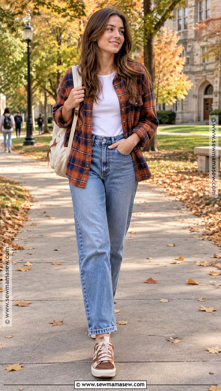 Flannel Shirt And Mom Jeans Fall School Outfit - 15 Cute Fall Outfits For School Casual