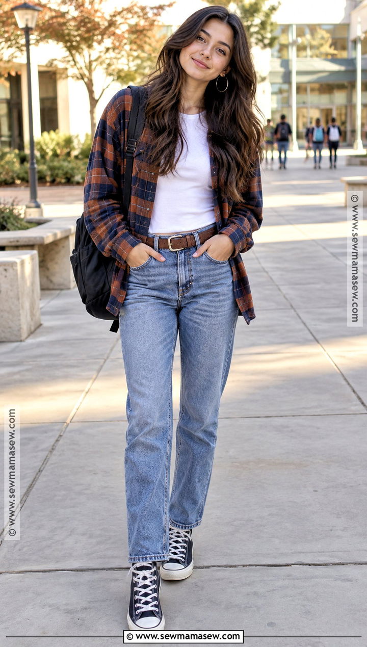 Flannel Shirt And Mom Jeans School Outfit - 20 School Outfit Inspo Fall Ideas