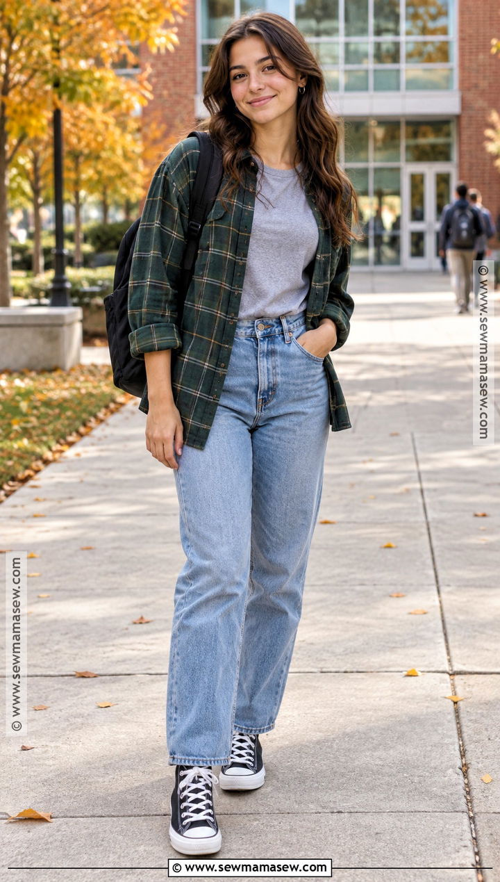 Flannel Shirt And Mom Jeans School Outfit - 25 fall fits for school