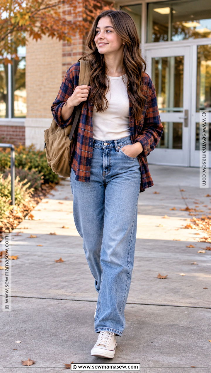 Flannel Shirt And Mom Jeans School Outfit - 15 cute simple outfits for school fall