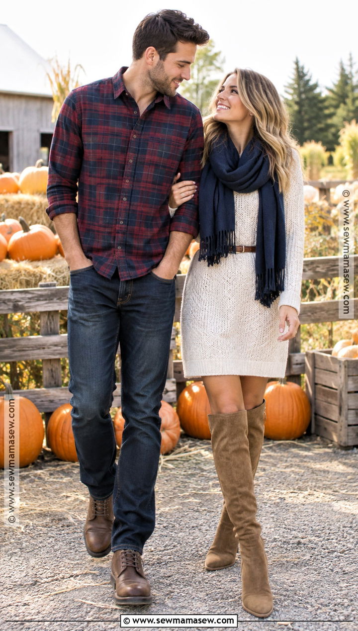 Flannel Shirt And Neutral Knit Fall Couples Outfit - 15 fall couples pics outfits