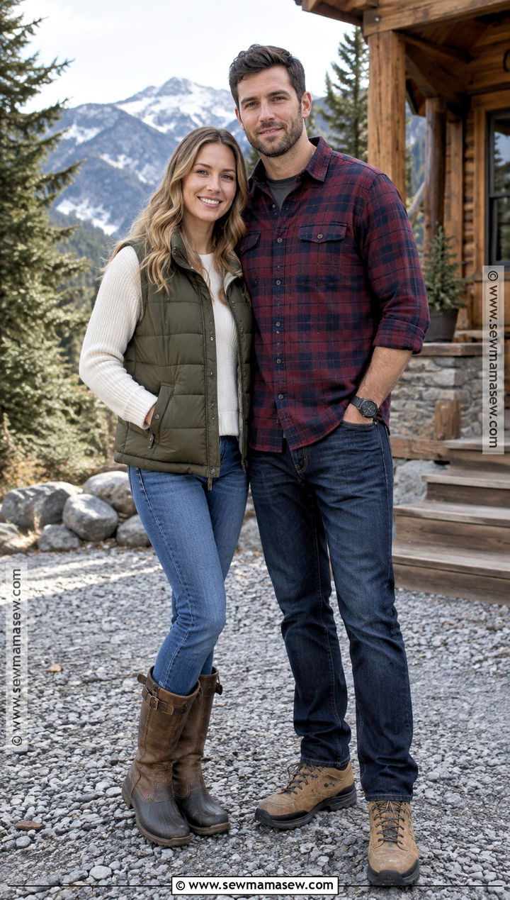 Flannel Shirt And Puffer Vest Fall Couple Photo Outfit - 20 fall couple photos outfits