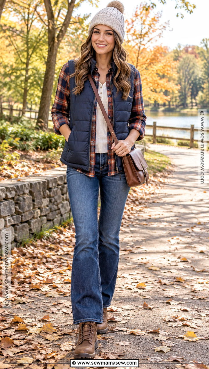 Flannel Shirt And Puffer Vest Fall Outfit - 30 cozy fall outfits