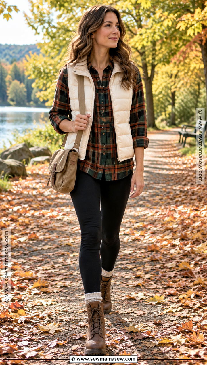 Flannel Shirt And Puffer Vest Fall Outfit - 20 cozy fall aesthetic outfit ideas