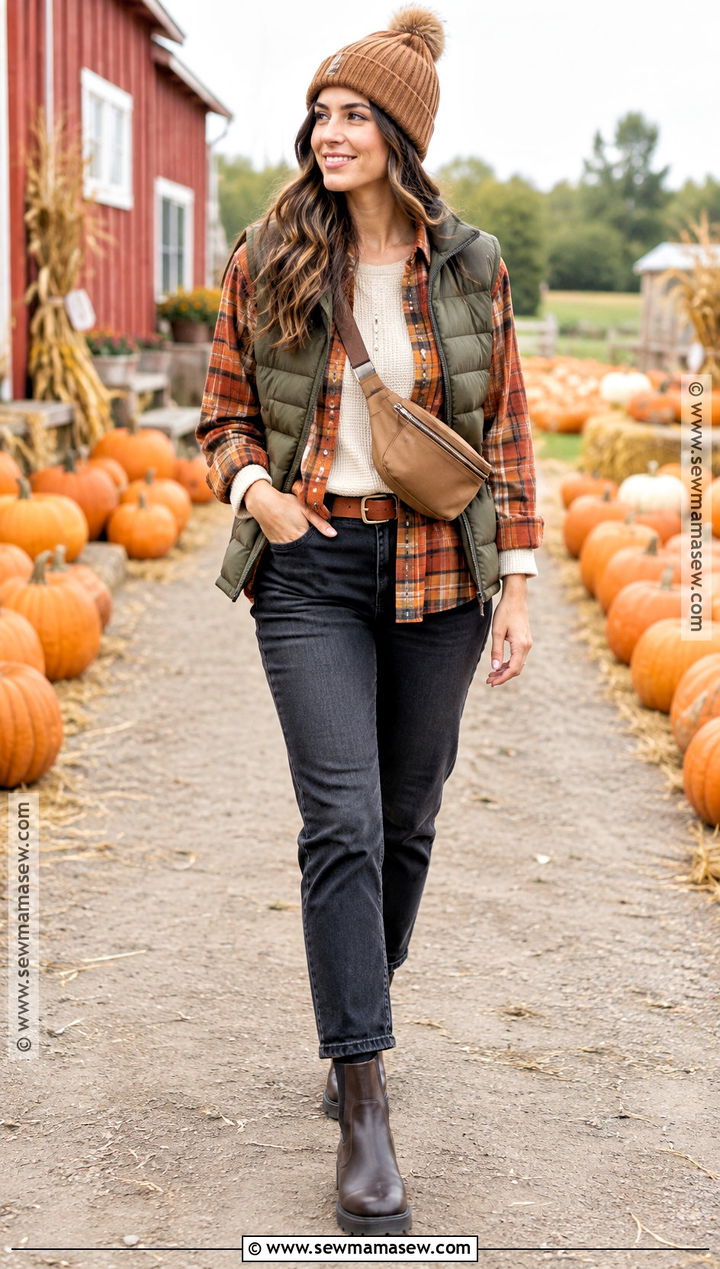 Flannel Shirt And Puffer Vest Pumpkin Patch Outfit - 20 warm pumpkin patch outfit ideas