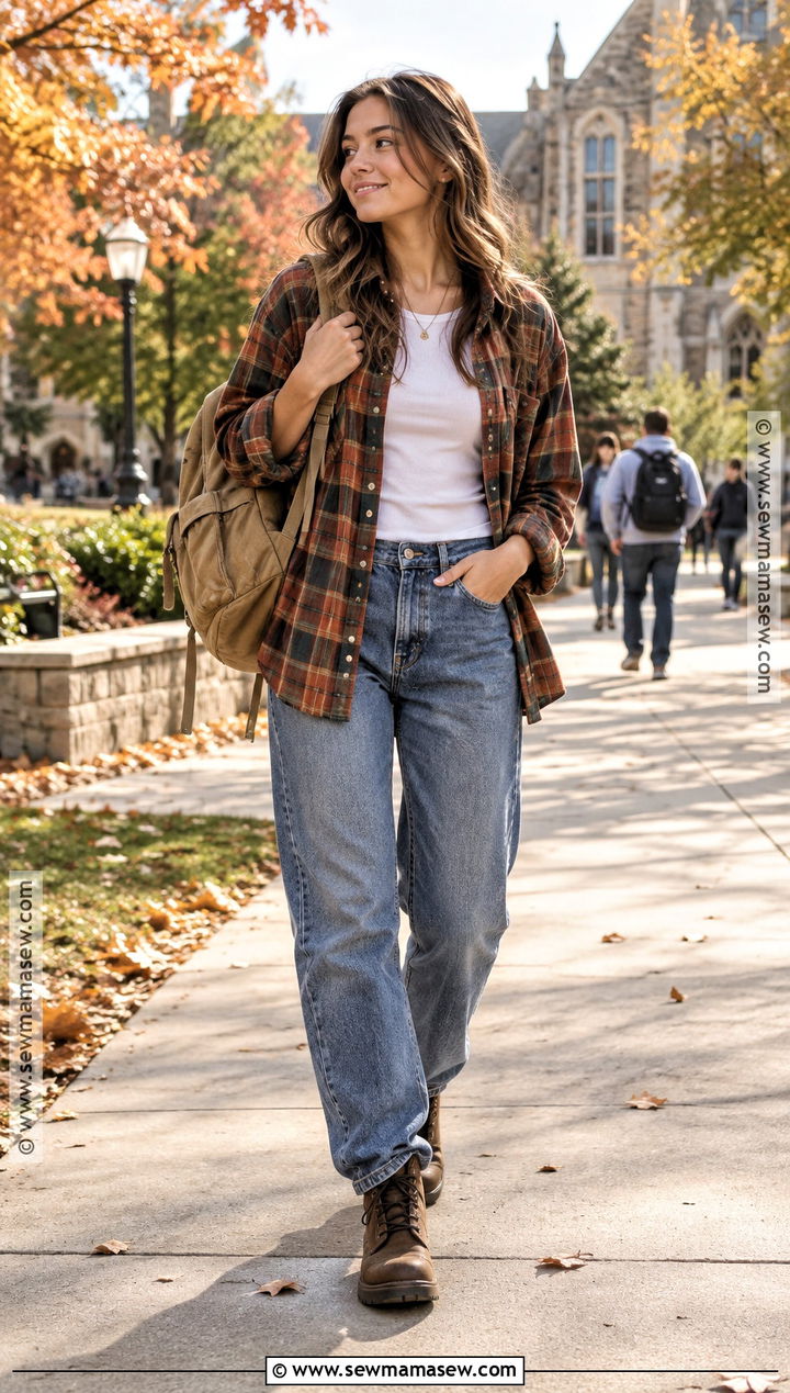 Flannel Shirt And Relaxed Jeans Fall School Outfit - 25 fall outfit inspo for school ideas