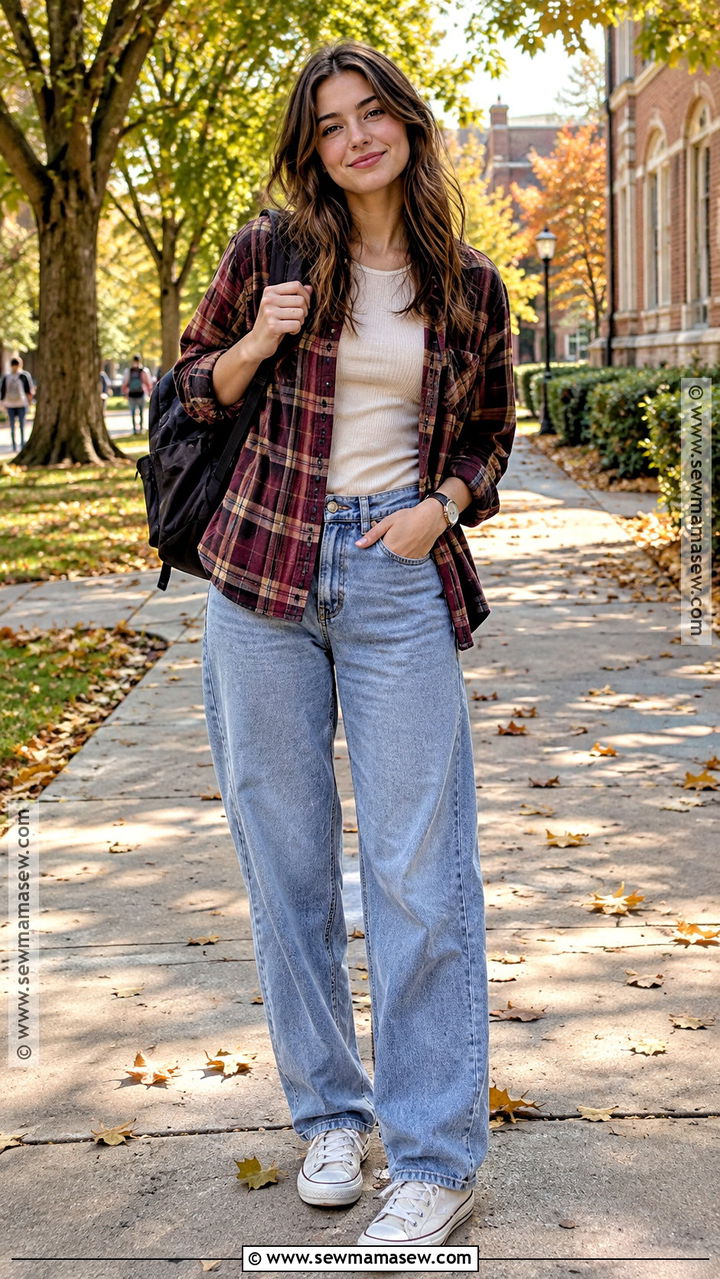 Flannel Shirt And Relaxed Jeans Fall School Outfit - 20 fall outfits women school