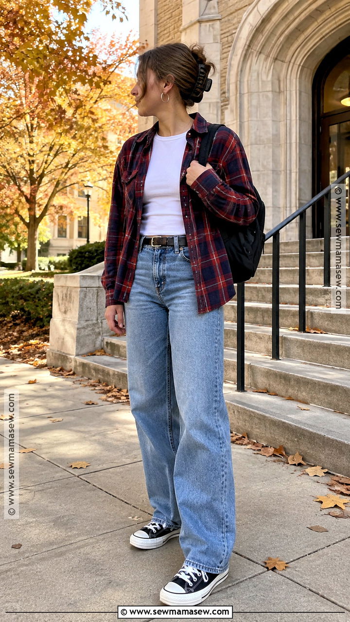 Flannel Shirt And Relaxed Jeans Outfit - 20 Back To School Clothes Ideas