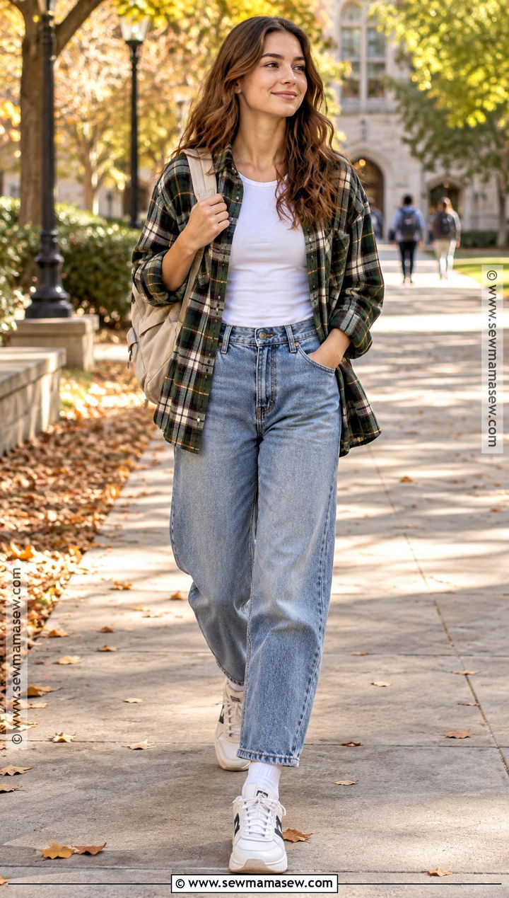 Flannel Shirt And Relaxed Jeans Outfit - 15 Back To School Wardrobe Essentials