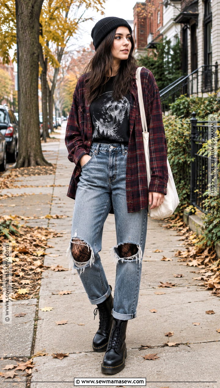 Flannel Shirt And Ripped Jeans Outfit - 25 alt fall outfits