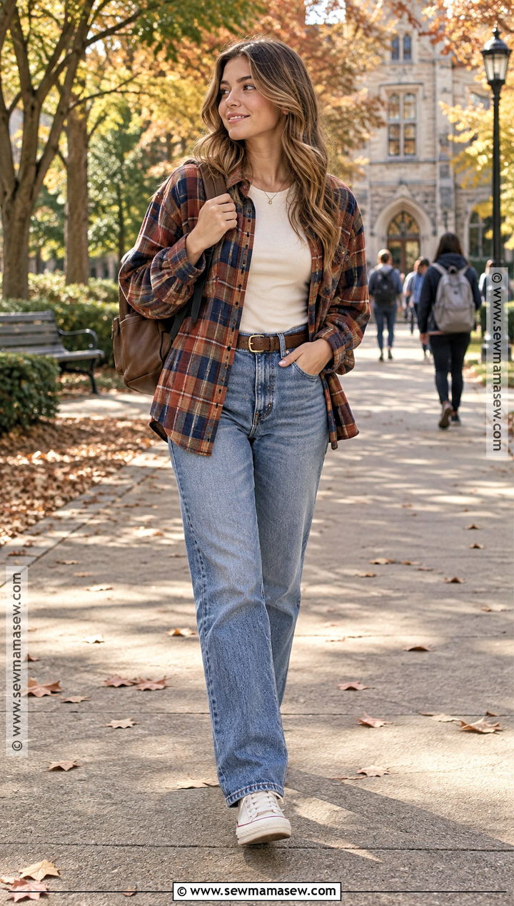 Flannel Shirt And Straight Jeans College Fall Outfit - 15 college fall outfits casual