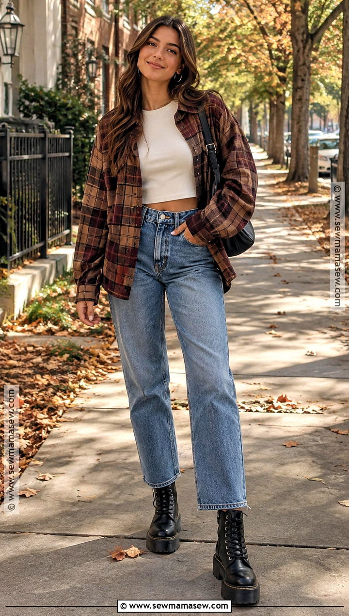 Flannel Shirt And Straight Jeans Fall Baddie Outfit - 20 chill baddie outfits fall