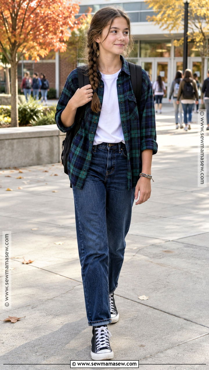 Flannel Shirt And Straight Leg Jeans Back To School Outfit - 15 back to school outfits middle school 8th for girls