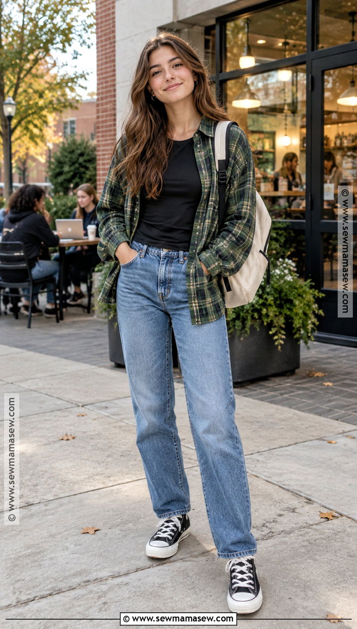 Flannel Shirt And Straight Leg Jeans Back To School Outfit - 25 outfits back to school
