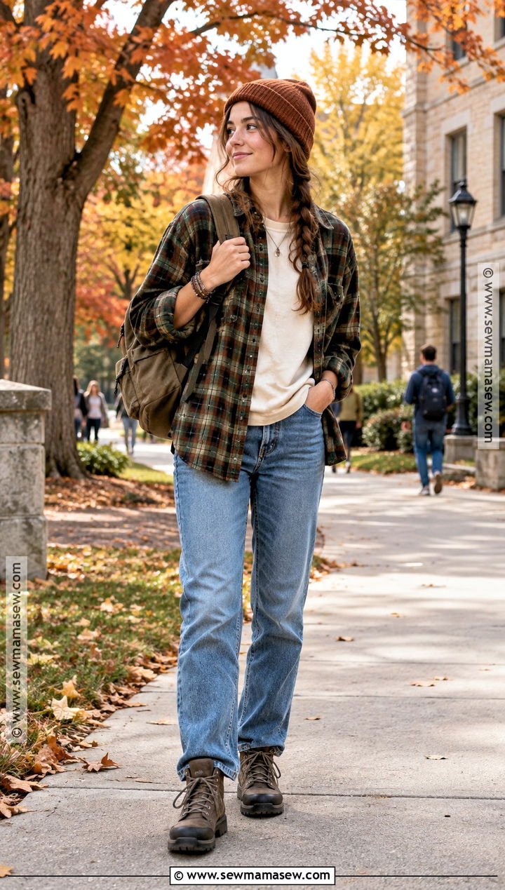 Flannel Shirt And Straight Leg Jeans Granola Outfit - 15 Back To School Granola Outfits