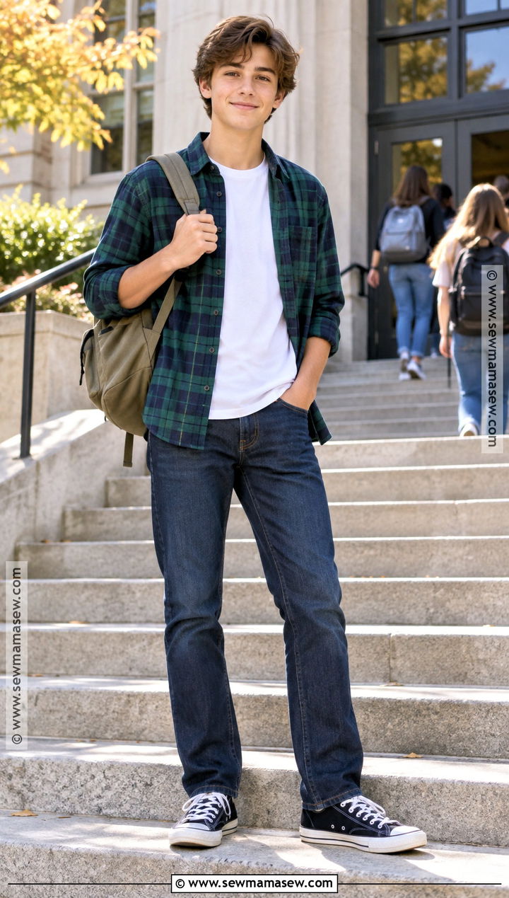 Flannel Shirt And Straight Leg Jeans Outfit - 20 back to school outfits 8th grade