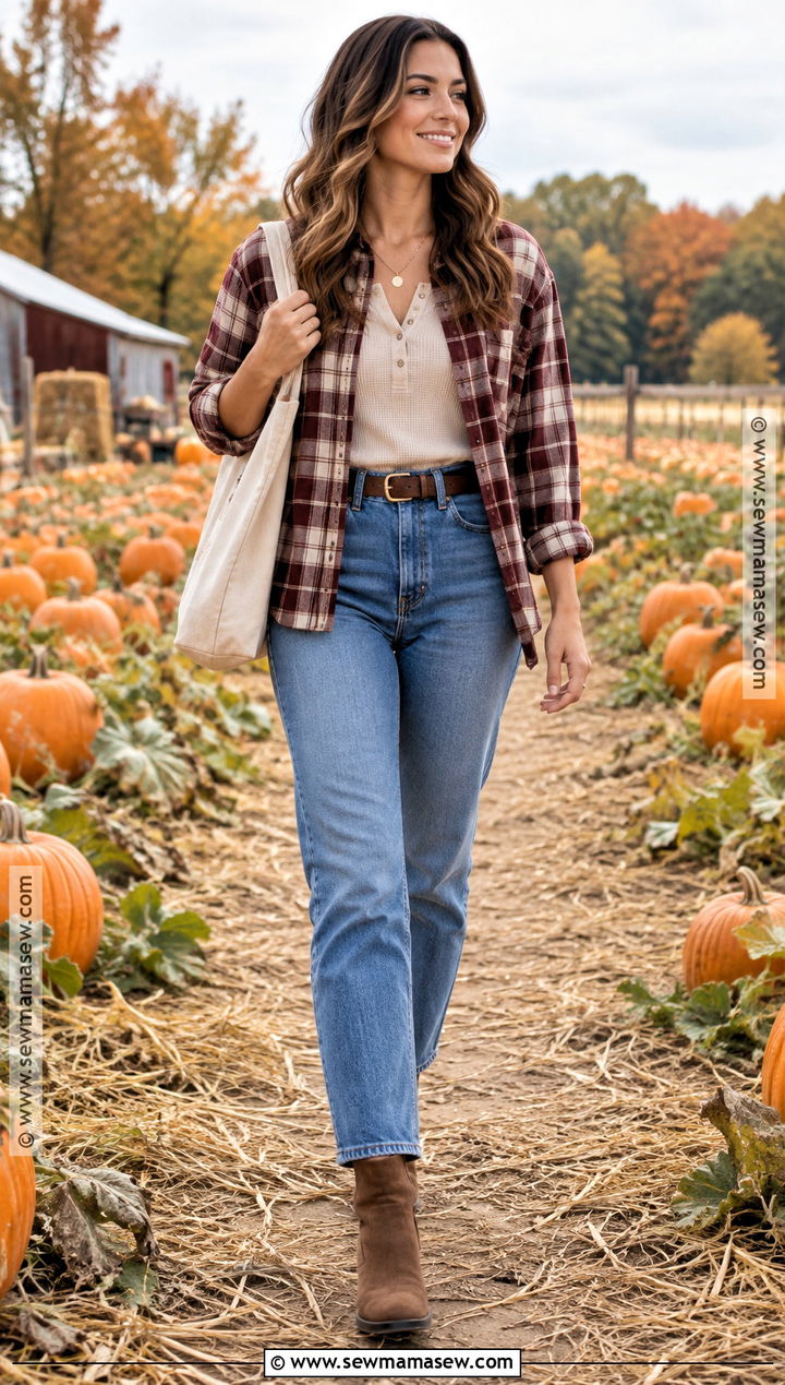 Flannel Shirt And Straight Leg Jeans Pumpkin Patch Outfit - 20 Pumpkin Patch Outfit Women Fall Ideas