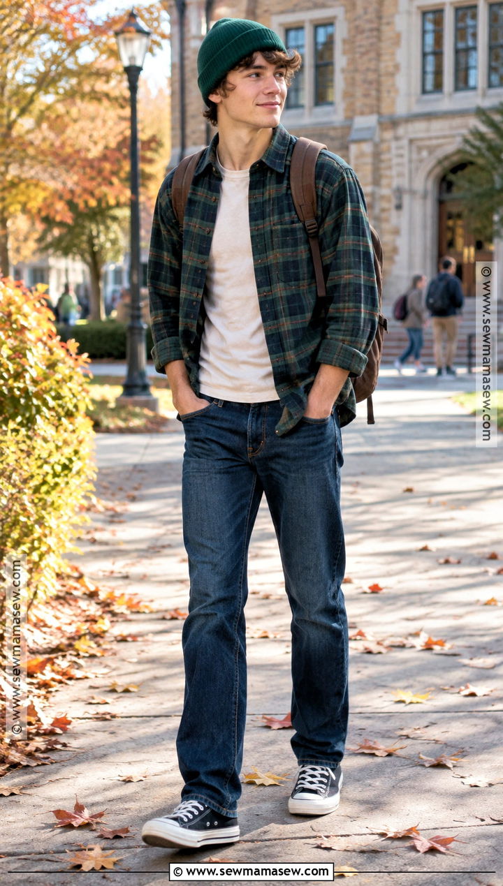 Flannel Shirt And Straight Leg Jeans School Outfit - 15 cute everyday outfits for school fall