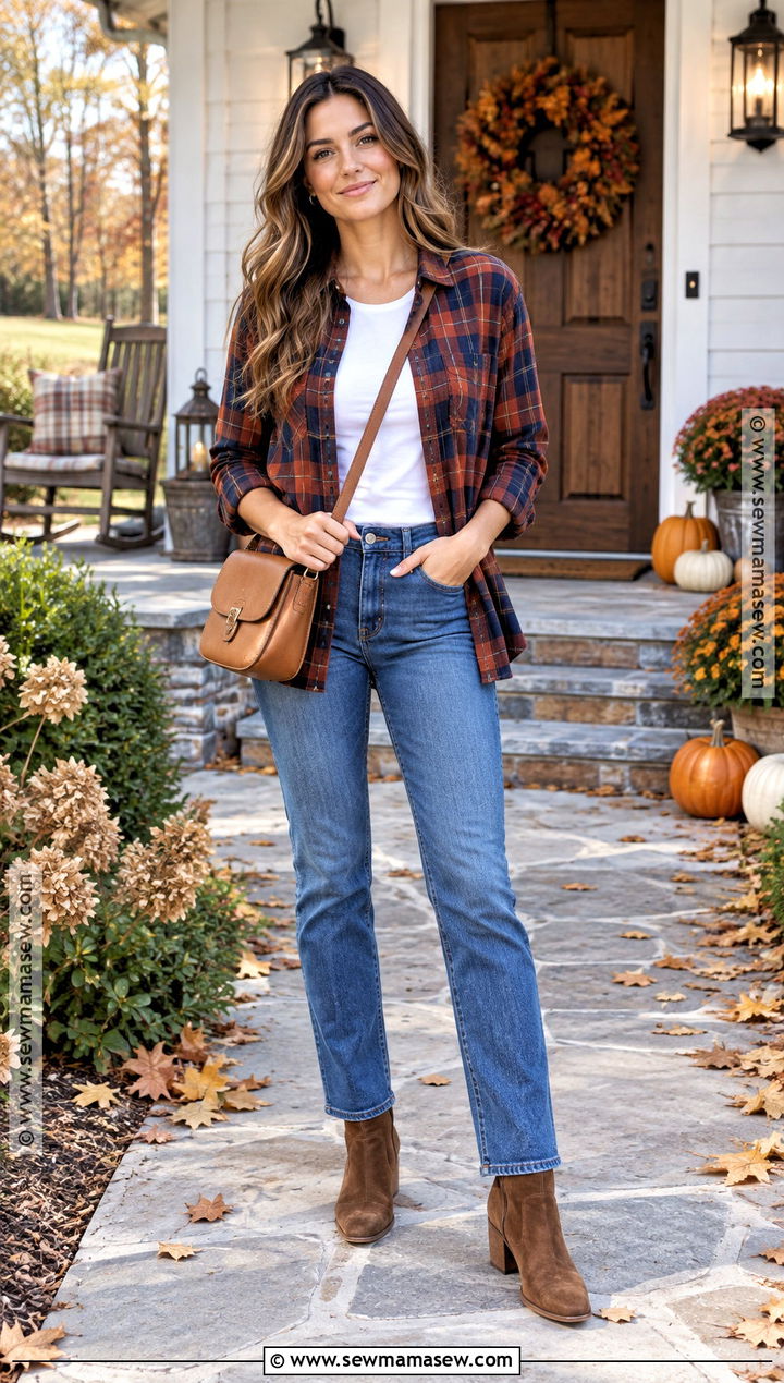 Flannel Shirt And Straight Leg Jeans Thanksgiving Outfit - 20 comfy casual thanksgiving outfit ideas