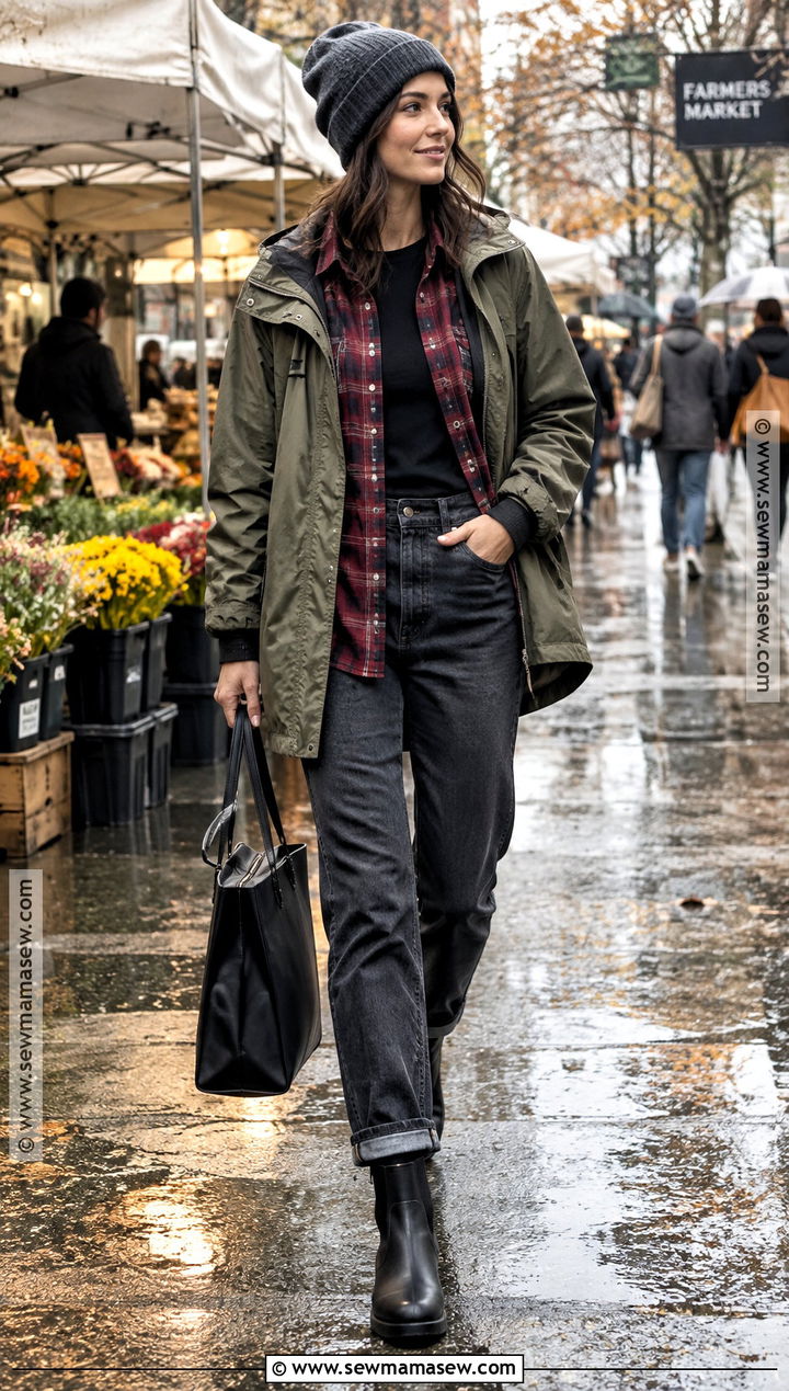 Flannel Shirt And Utility Jacket Outfit - 15 fall rainy day outfits comfy