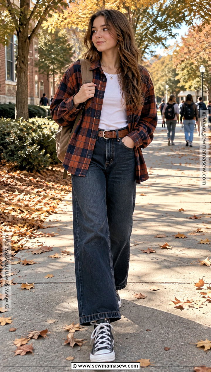 Flannel Shirt And Wide Leg Jeans School Outfit - 15 fall school outfits highschool 2026