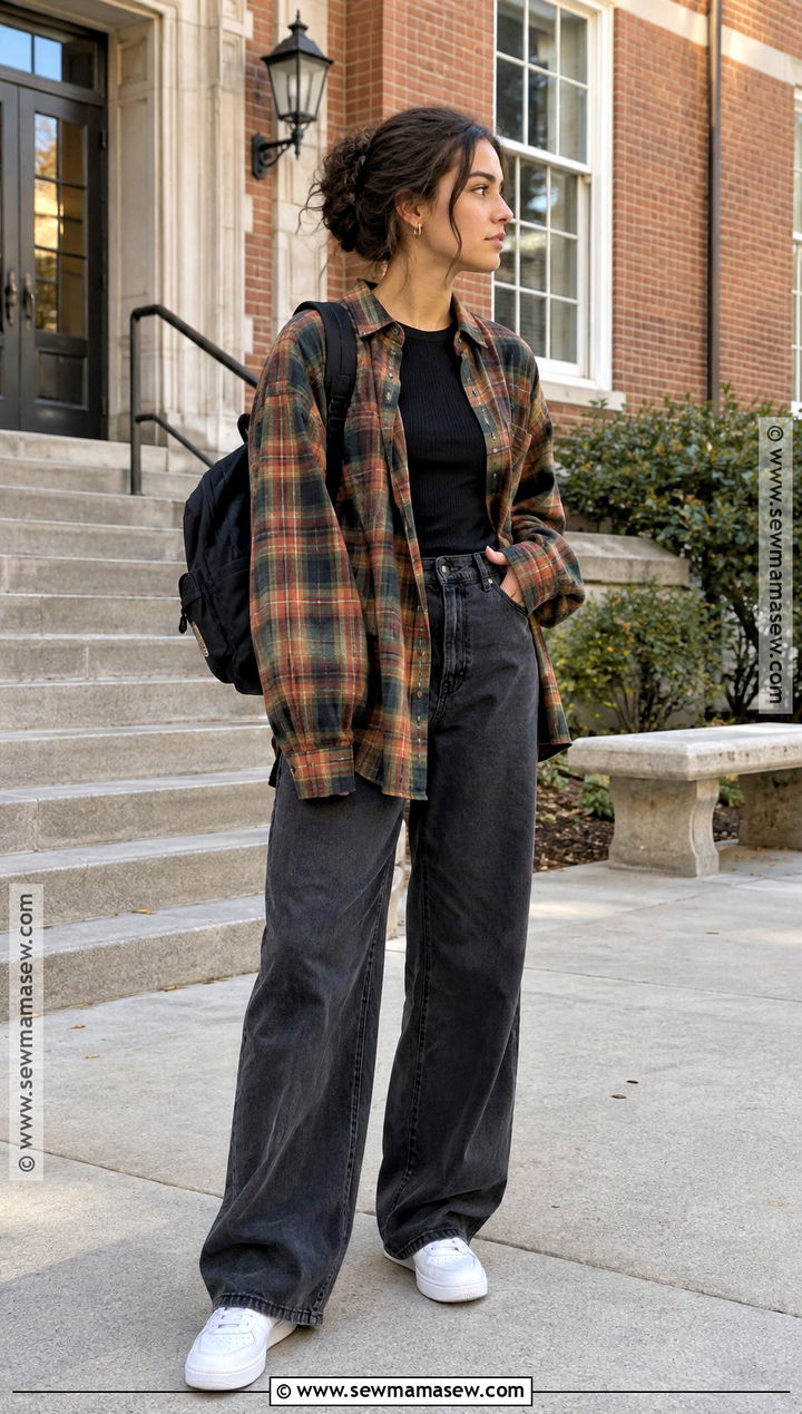 Flannel Shirt And Wide Leg Pants School Outfit - 25 cute outfits for school fall