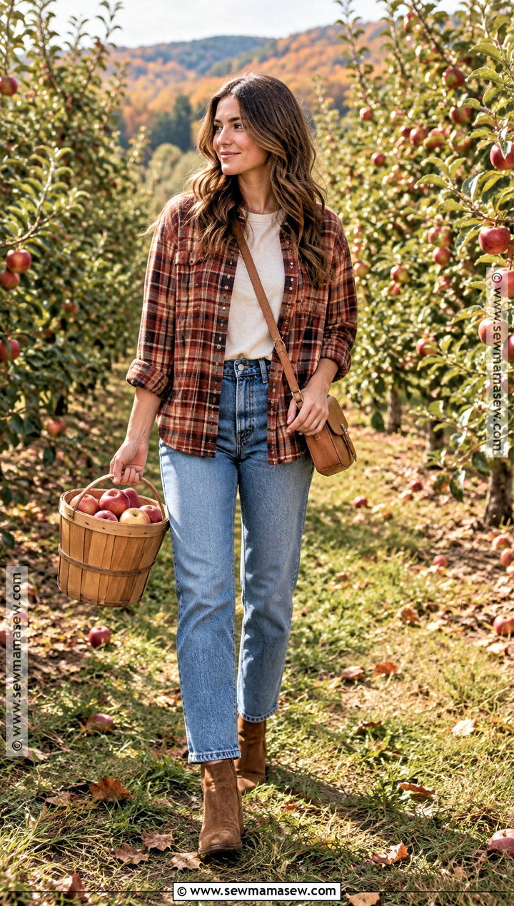 Flannel Shirt Apple Picking Outfit With Jeans - 20 Apple Picking Outfits Fall