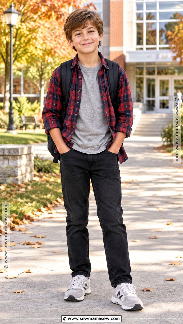 Flannel Shirt Basic T Shirt Black Jeans And Sneakers Outfit - 20 back to school outfits for kids