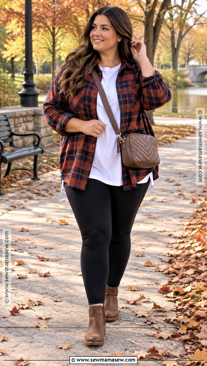Flannel Shirt Black Leggings and Ankle Boots - 15 simple casual fall outfits