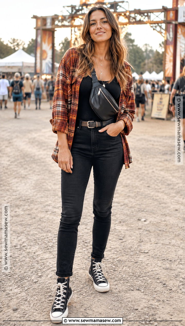 Flannel Shirt Bodysuit Black Jeans Outfit - 15 fall outside concert outfit ideas