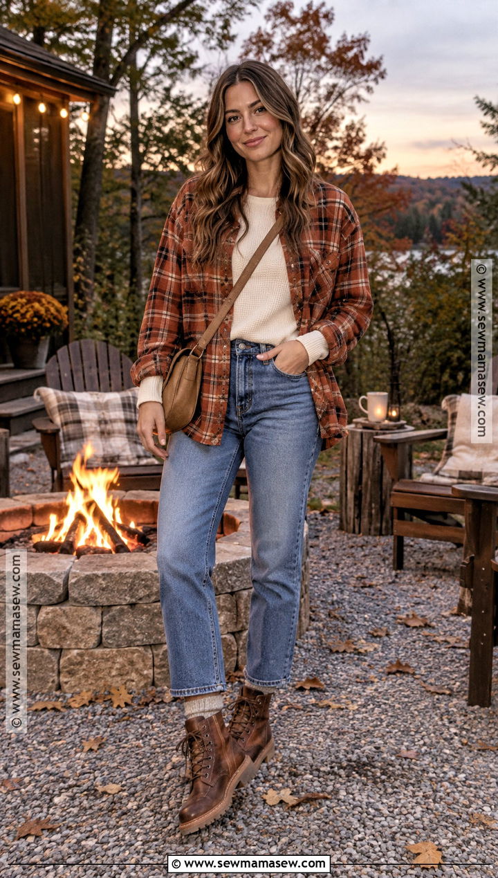 Flannel Shirt Bonfire Outfit With Straight Jeans - 20 bonfire outfit fall night ideas