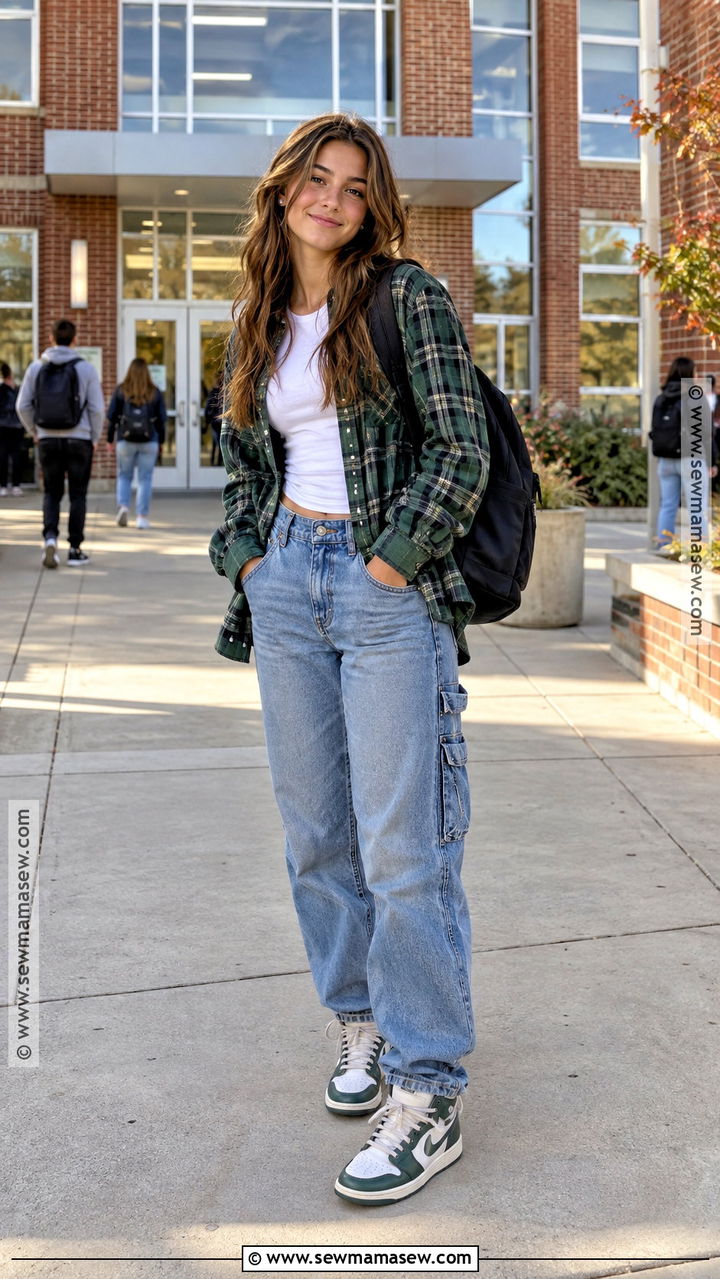 Flannel Shirt Carpenter Jeans And Sneakers Outfit - 20 back to school outfits junior year