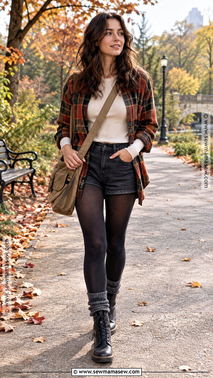 Flannel Shirt Denim Shorts And Leg Warmers Outfit - 20 fall outfits with leg warmers