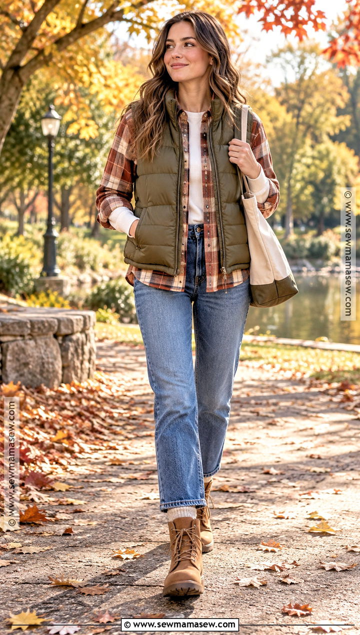 Flannel Shirt Fall Outfit With A Puffer Vest - 20 warm fall outfits for women