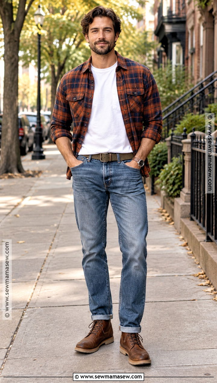 Flannel Shirt Fall Outfit With Jeans And Boots - 15 casual mens outfits fall