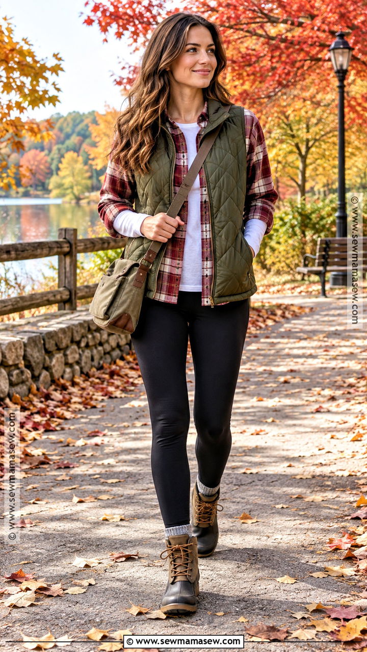 Flannel Shirt Fall Outfit With Leggings And Vest - 20 Cozy Fall Fashion Ideas