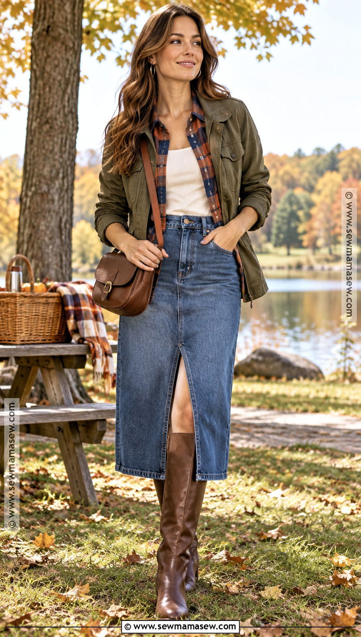Flannel Shirt Fall Picnic Outfit With A Denim Midi Skirt - 20 picnic outfit fall ideas