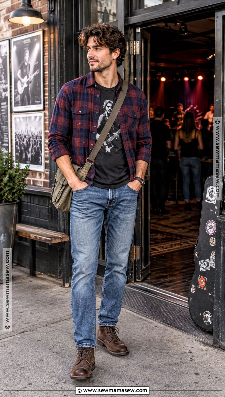 Flannel Shirt Graphic Tee and Straight Jeans Concert Outfit - 15 concert outfit men fall ideas