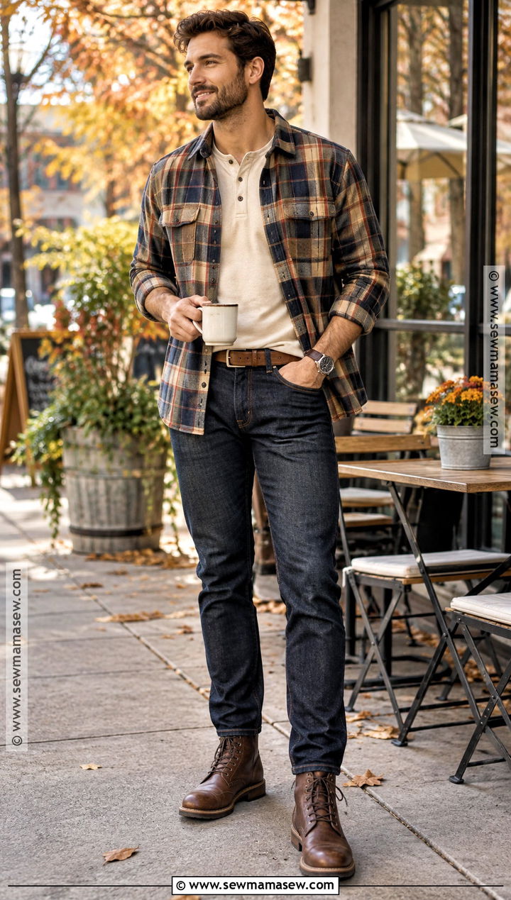 Flannel Shirt Henley and Dark Jeans Outfit - 15 Casual Mens Fall Outfits