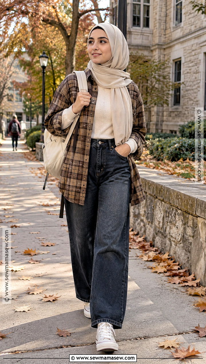 Flannel Shirt Hijab Outfit With Wide Leg Jeans - 20 back to school hijab outfits