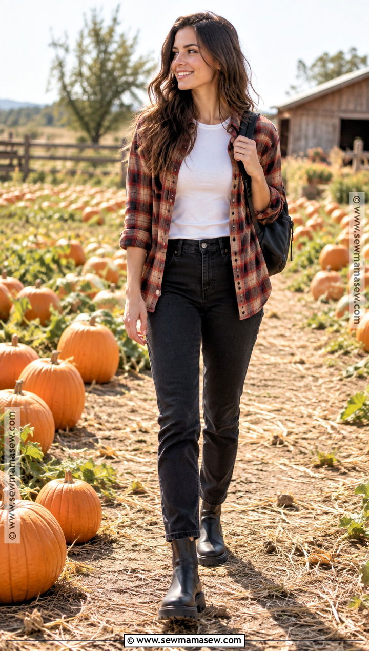 Flannel Shirt Pumpkin Patch Outfit With Black Jeans - 25 pumpkin patch outfit ideas for women
