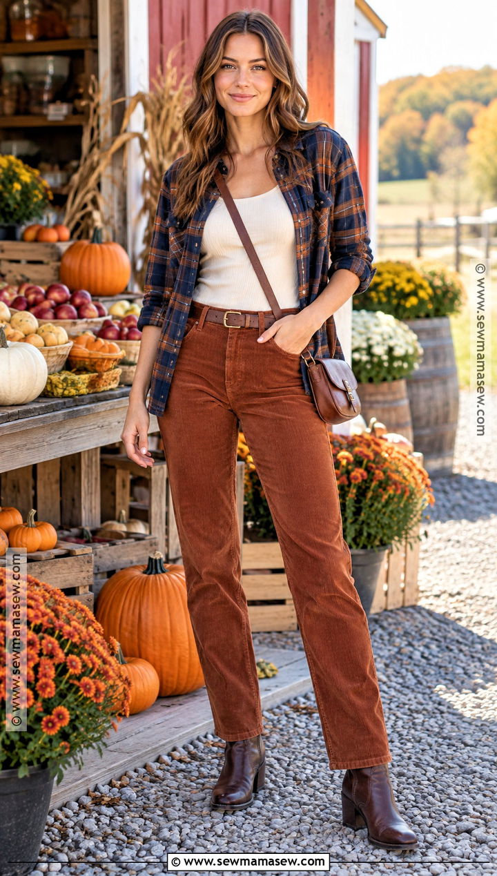 Flannel Shirt Tank Corduroy Pants and Boots Fall Outfit - 25 simple fall outfits casual