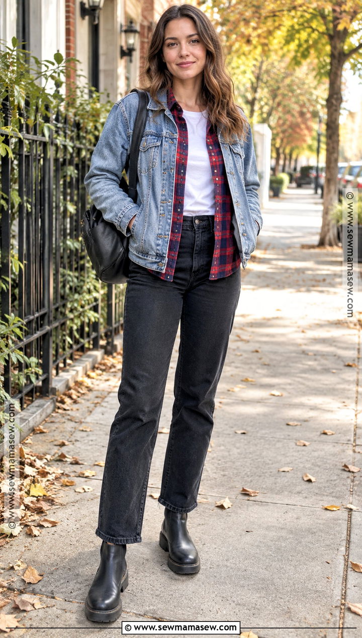 Flannel Shirt Under A Denim Jacket With Black Jeans - 15 Fall Fashion Flannel Ideas