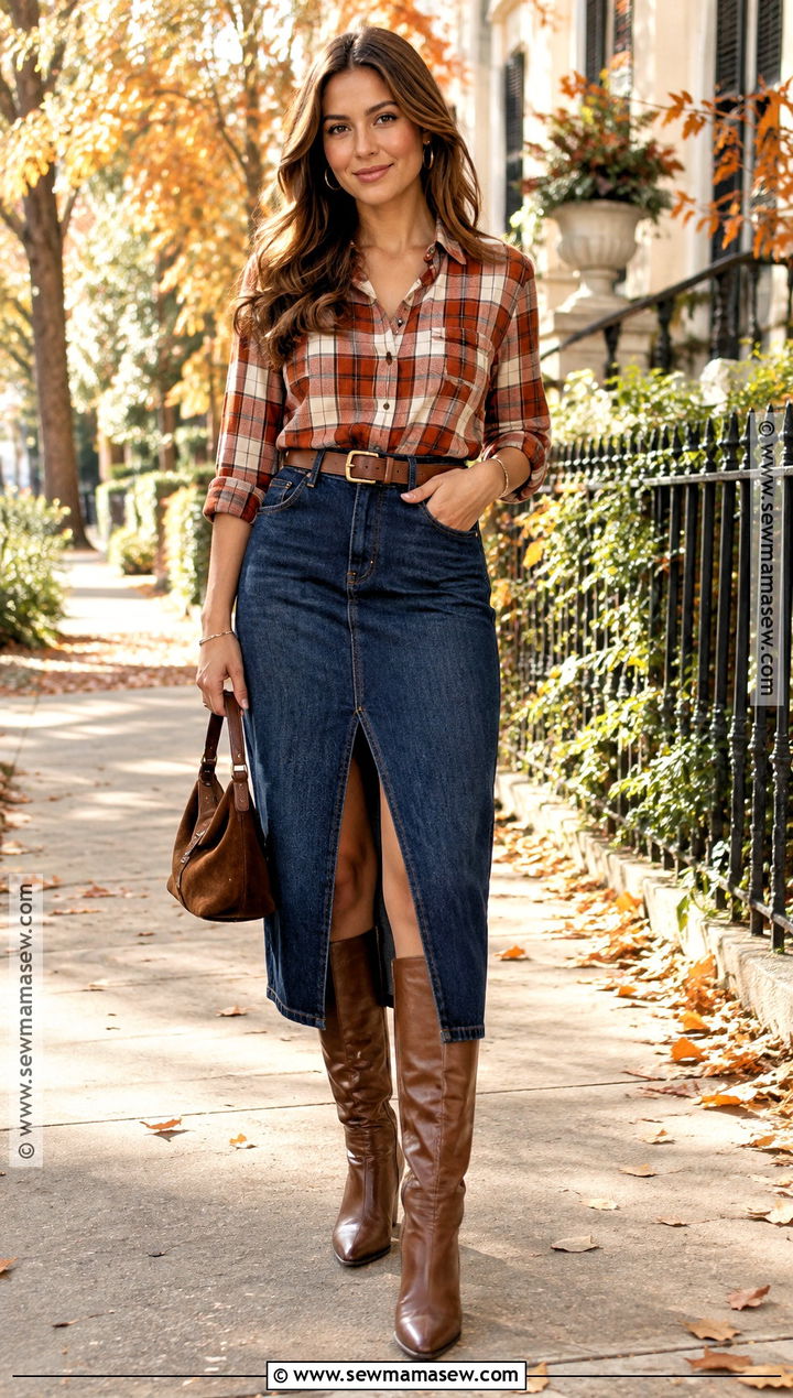 Flannel Shirt With A Denim Skirt - 15 Flannel Shirt Fall Outfit Ideas