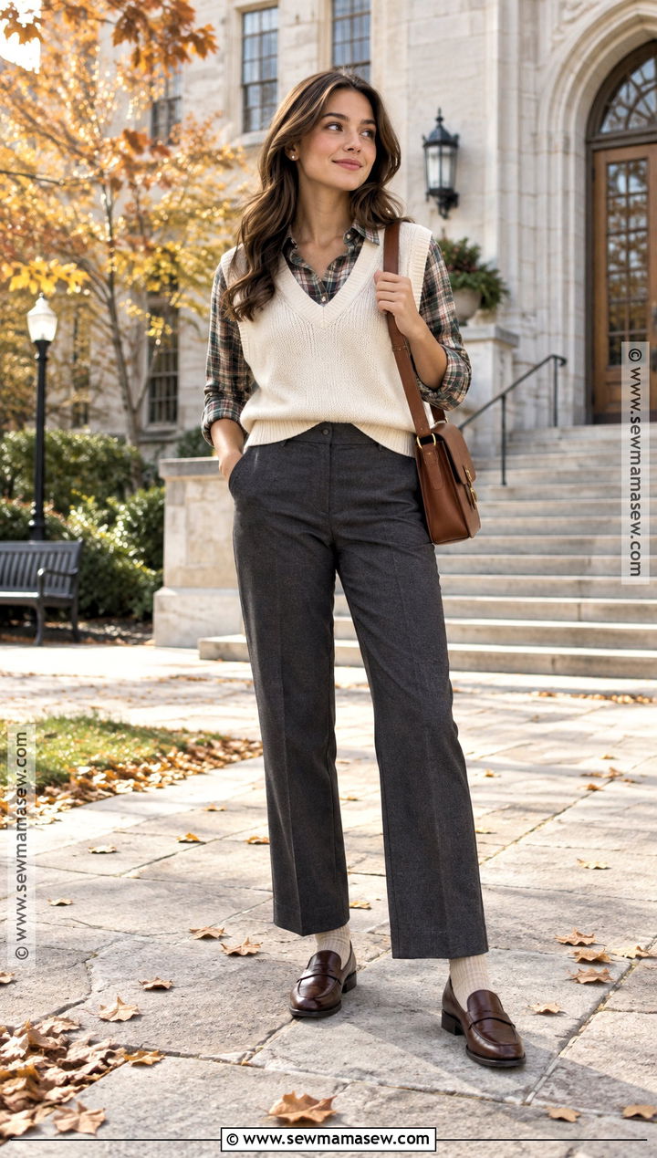 Flannel Shirt With A Sweater Vest And Trousers - 15 Flannel Shirt Fall Outfit Ideas
