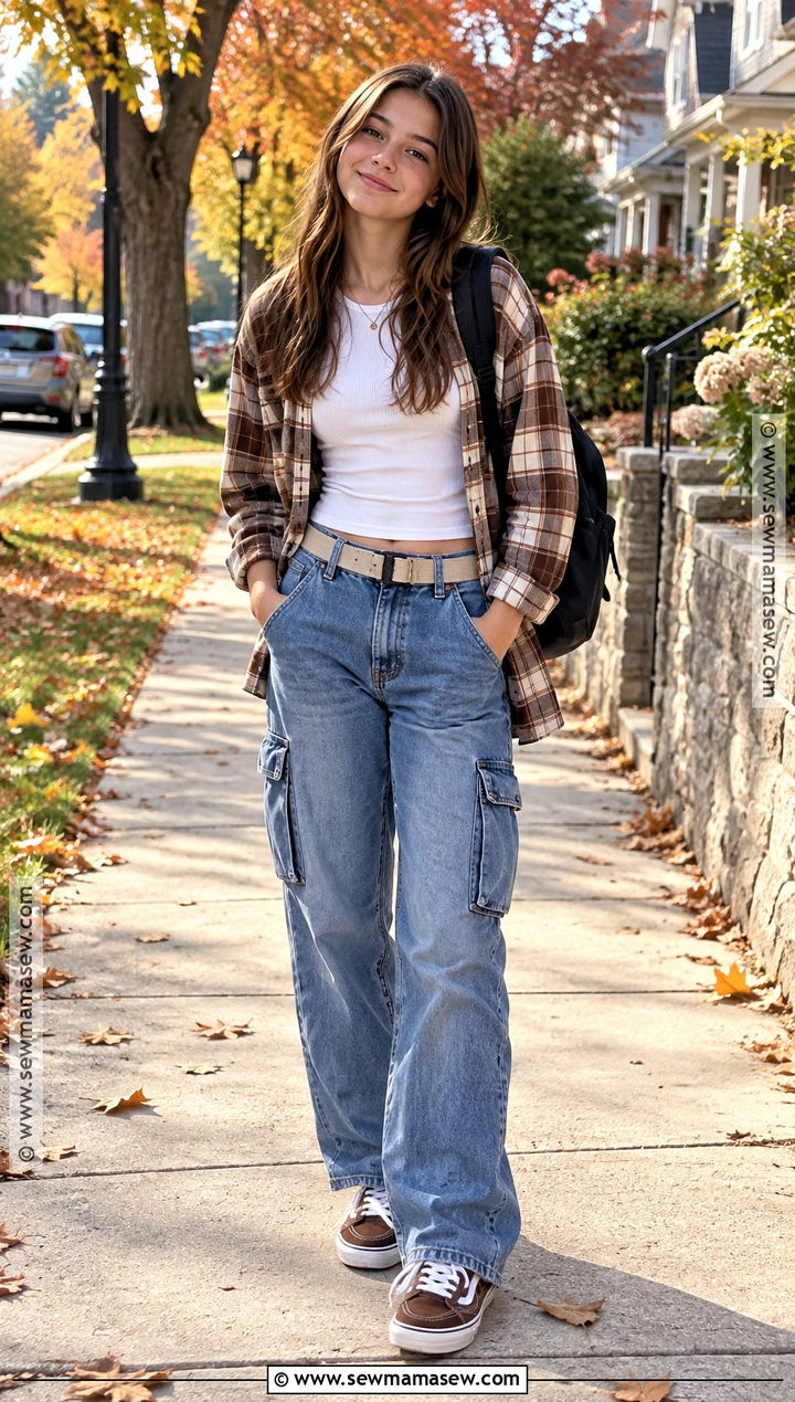 Flannel Shirt With Baby Tee And Cargo Jeans - 15 cute fall clothes for teens